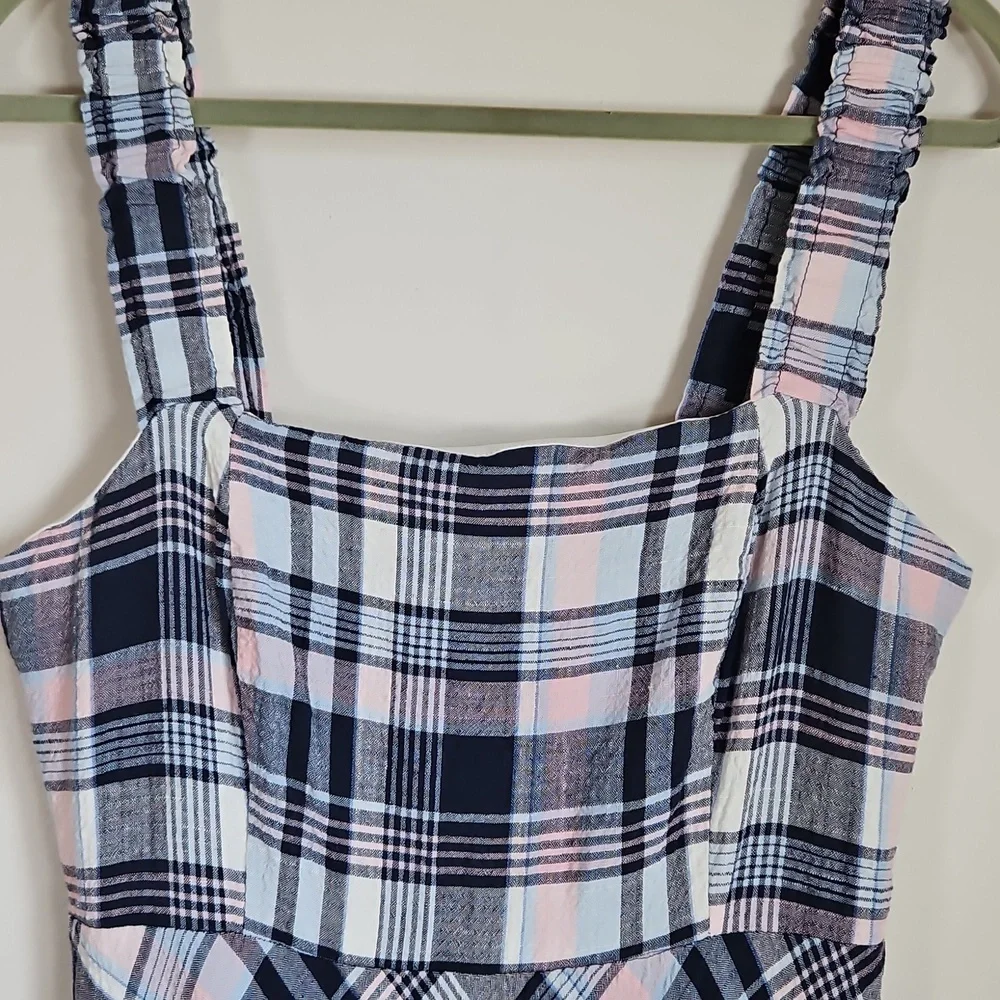 52seven SZ16 Linen Blend Maxi Dress Plaid Smocked Ruffle Tier Cottage Prairie